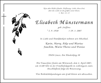 Traueranzeige von Elisabeth Münstermann von Tageszeitung