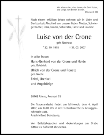 Traueranzeige von Luise von der Crone von Tageszeitung