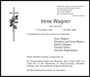 Traueranzeige von Irene Wagner von Tageszeitung
