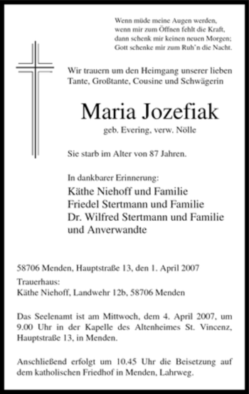 Traueranzeige von Maria Jozefiak von Tageszeitung