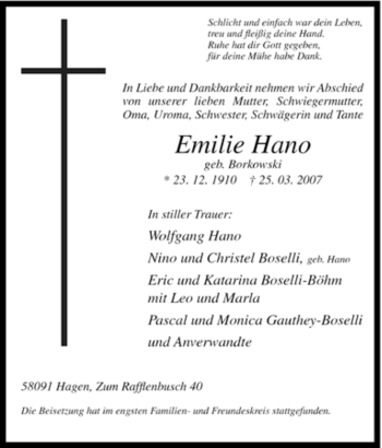 Traueranzeige von Emilie Hano von Tageszeitung