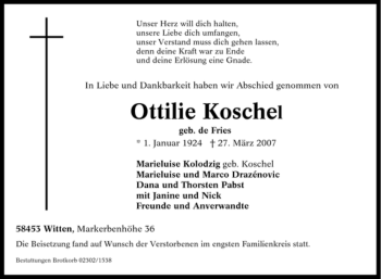 Traueranzeige von Ottilie Koschel von Tageszeitung