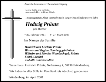 Traueranzeige von Hedwig Prünte von Tageszeitung