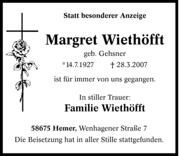 Traueranzeige von Margret Wiethöfft von Tageszeitung