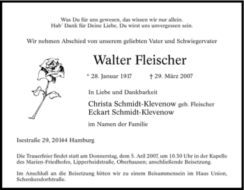 Traueranzeige von Walter Fleischer von Tageszeitung