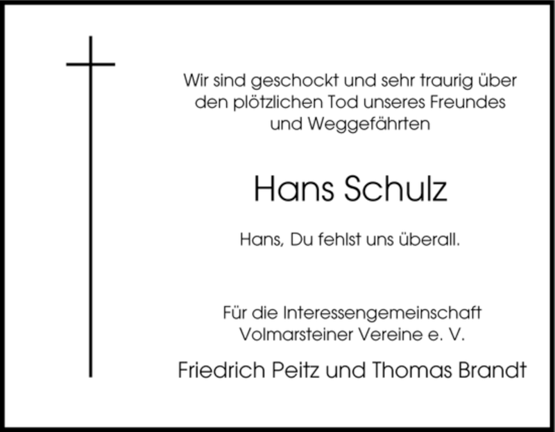  Traueranzeige für Hans Schulz vom 03.04.2007 aus Tageszeitung