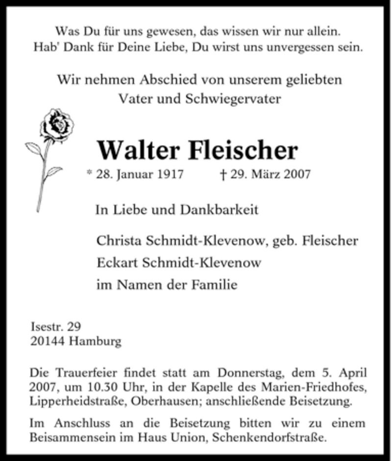  Traueranzeige für Walter Fleischer vom 03.04.2007 aus Tageszeitung
