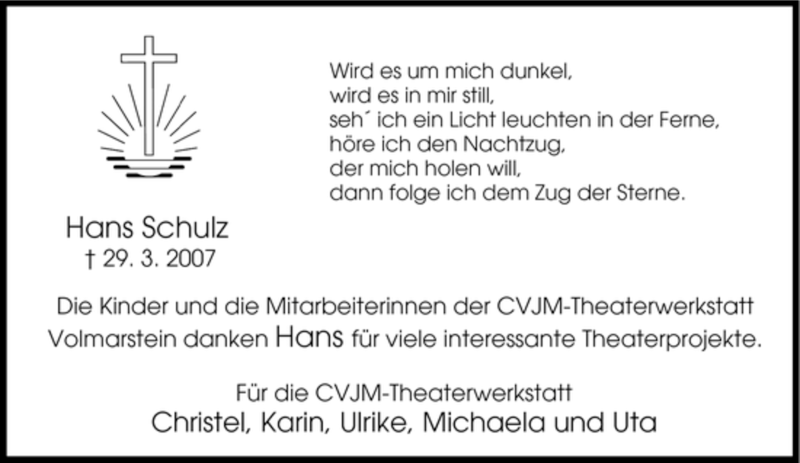  Traueranzeige für Hans Schulz vom 03.04.2007 aus Tageszeitung