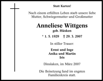 Traueranzeige von Anneliese Wittgens von Tageszeitung