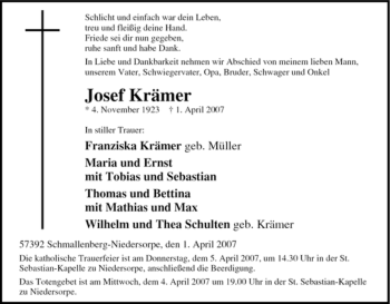 Traueranzeige von Josef Krämer von Tageszeitung