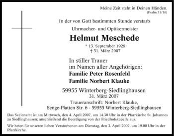 Traueranzeige von Helmut Meschede von Tageszeitung