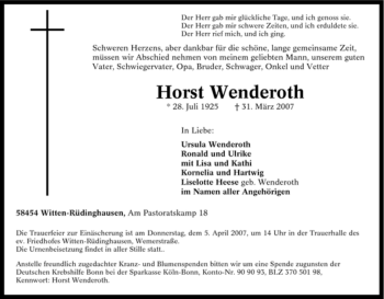 Traueranzeige von Horst Wenderoth von Tageszeitung