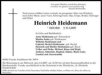 Traueranzeige von Heinrich Heidemann von Tageszeitung