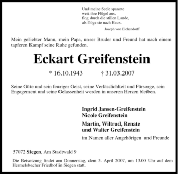 Traueranzeige von Eckart Greifenstein von Tageszeitung