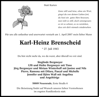 Traueranzeige von Karl-Heinz Brenscheid von Tageszeitung