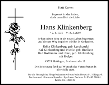 Traueranzeige von Hans Klinkenberg von Tageszeitung