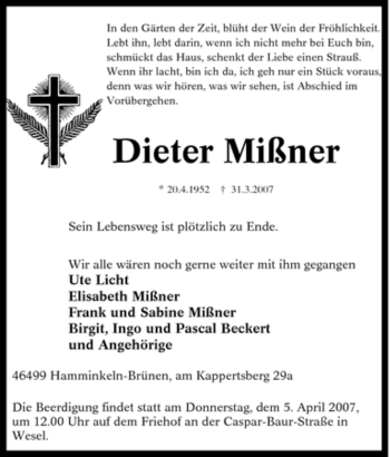 Traueranzeige von Dieter Mißner von Tageszeitung