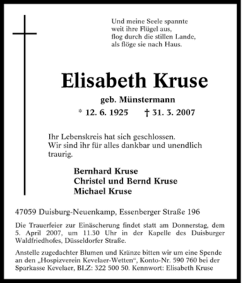 Traueranzeige von Elisabeth Kruse von Tageszeitung