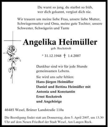 Traueranzeige von Angelika Heimüller von Tageszeitung