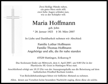 Traueranzeige von Maria Hoffmann von Tageszeitung