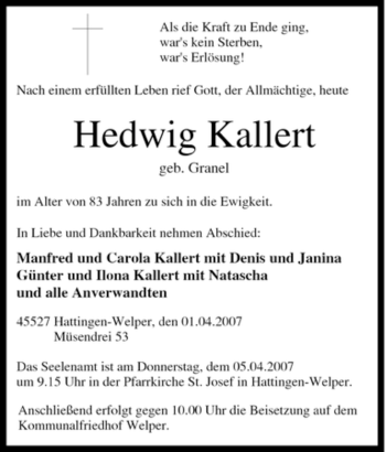 Traueranzeige von Hedwig Kallert von Tageszeitung