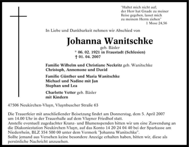  Traueranzeige für Johanna Wanitschke vom 03.04.2007 aus Tageszeitung