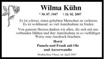 Traueranzeige von Wilma Kühn von Tageszeitung