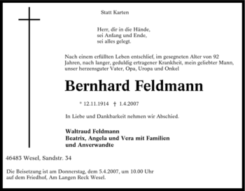Traueranzeige von Bernhard Feldmann von Tageszeitung