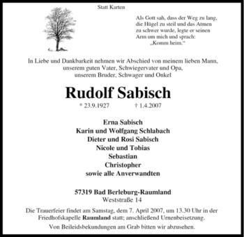 Traueranzeige von Rudolf Sabisch von Tageszeitung