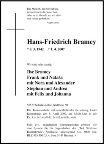 Traueranzeige von Hans-Friedrich Bramey von Tageszeitung