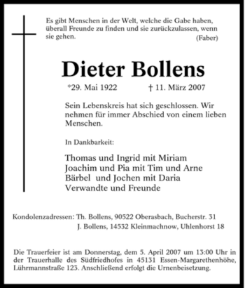 Traueranzeige von Dieter Bollens von Tageszeitung
