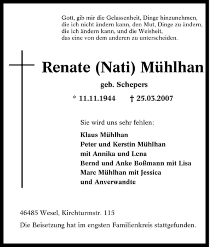  Traueranzeige für Renate Mühlhan vom 03.04.2007 aus Tageszeitung