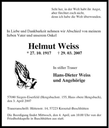 Traueranzeige von Helmut Weiss von Tageszeitung