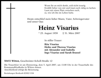 Traueranzeige von Heinz Visarius von Tageszeitung