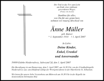 Traueranzeige von Änne Müller von Tageszeitung