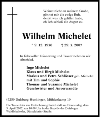 Traueranzeige von Wilhelm Michelet von Tageszeitung