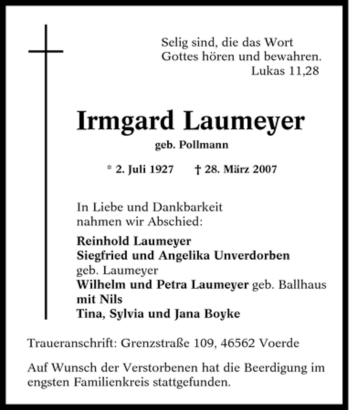 Traueranzeige von Irmgard Laumeyer von Tageszeitung