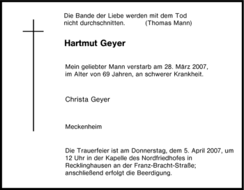 Traueranzeige von Hartmut Geyer von Tageszeitung