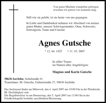 Traueranzeige von Agnes Gutsche von Tageszeitung