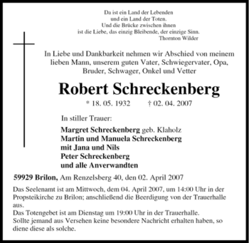 Traueranzeige von Robert Schreckenberg von Tageszeitung