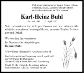 Traueranzeige von Karl-Heinz Buhl von Tageszeitung