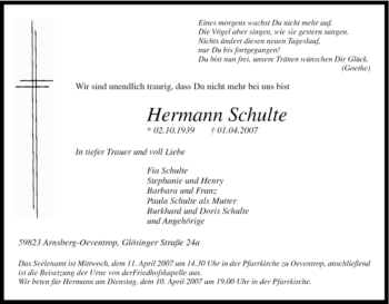 Traueranzeige von Hermann Schulte von Tageszeitung