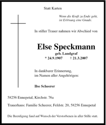 Traueranzeige von Else Speckmann von Tageszeitung