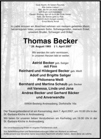 Traueranzeige von Thomas Becker von Tageszeitung