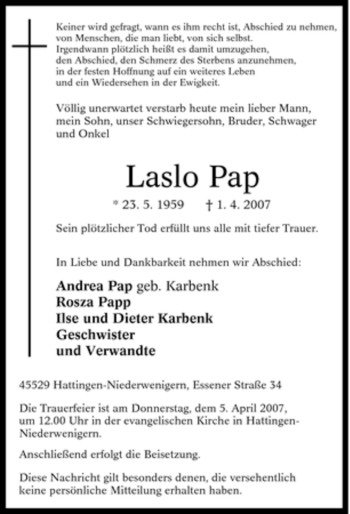 Traueranzeige von Laslo Pap von Tageszeitung