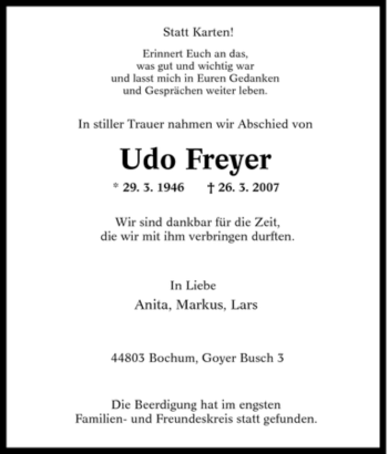 Traueranzeige von Udo Freyer von Tageszeitung