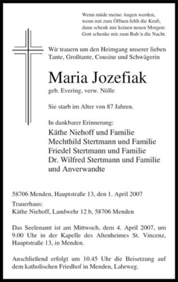 Traueranzeige von Maria Jozefiak von Tageszeitung