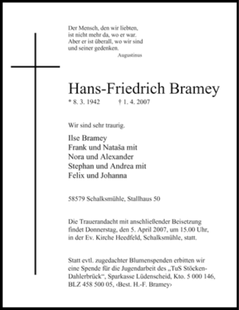 Traueranzeige von Hans-Friedrich Bramey von Tageszeitung