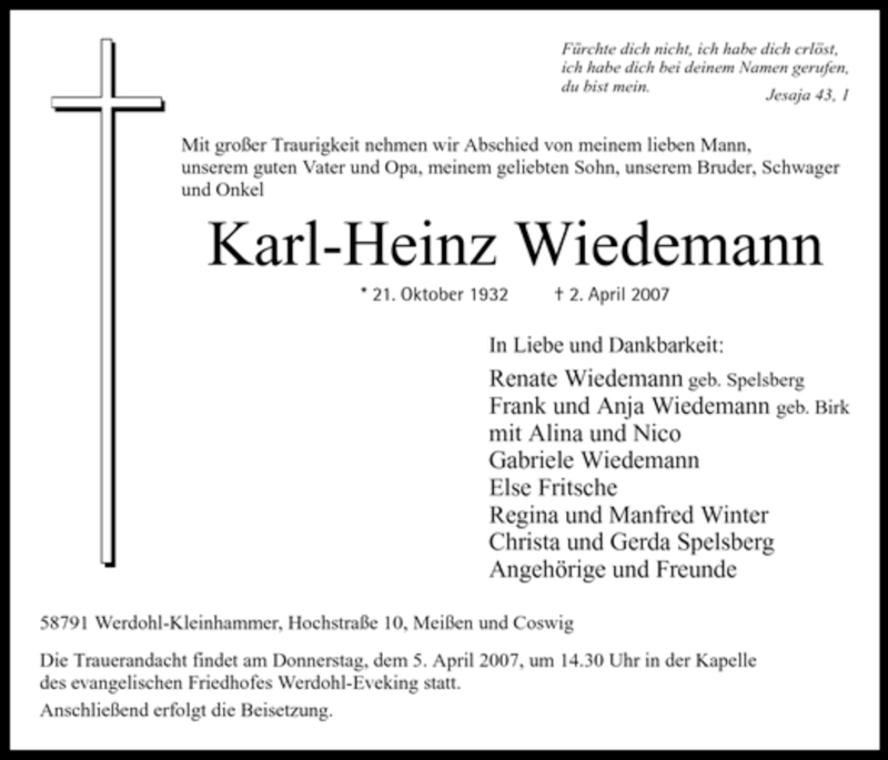  Traueranzeige für Karl-Heinz Wiedemann vom 03.04.2007 aus Tageszeitung