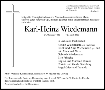 Traueranzeige von Karl-Heinz Wiedemann von Tageszeitung
